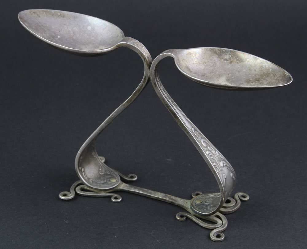 20th C. Silver Novelty Piece: Novelty figural silver piece made from flatware, 1980s, signed "Porat F. Andrei -Israel."