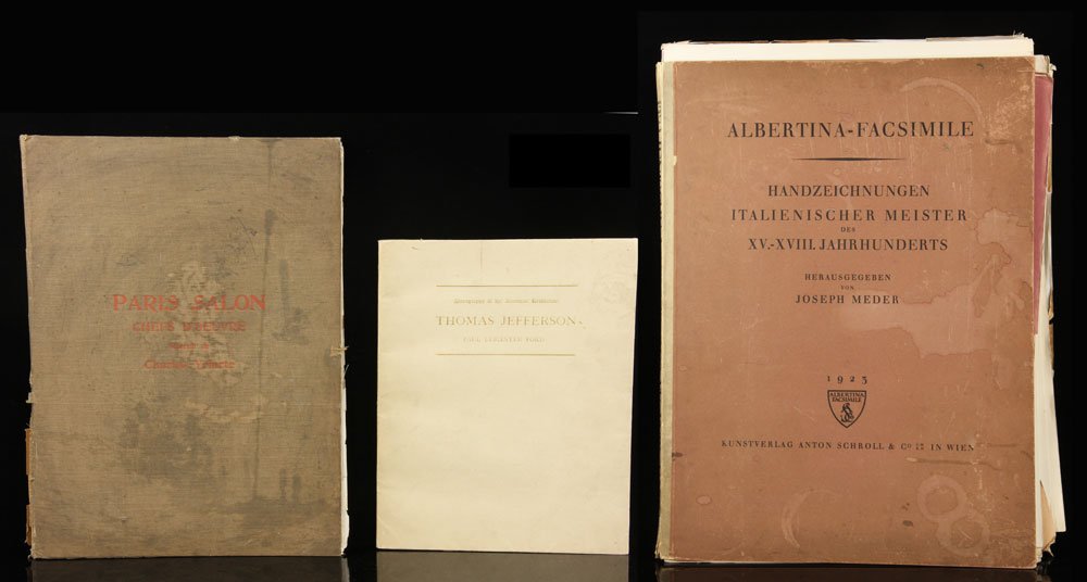 3 Folio Books: Lot of three folio books, to include: "Paris Salon Chef d 'Oeuvre," Monograph of "Thomas Jefferson," folio of facsimiles titled "Handzeichnungen Italienscher Meister." Provenance: From a Massachusetts