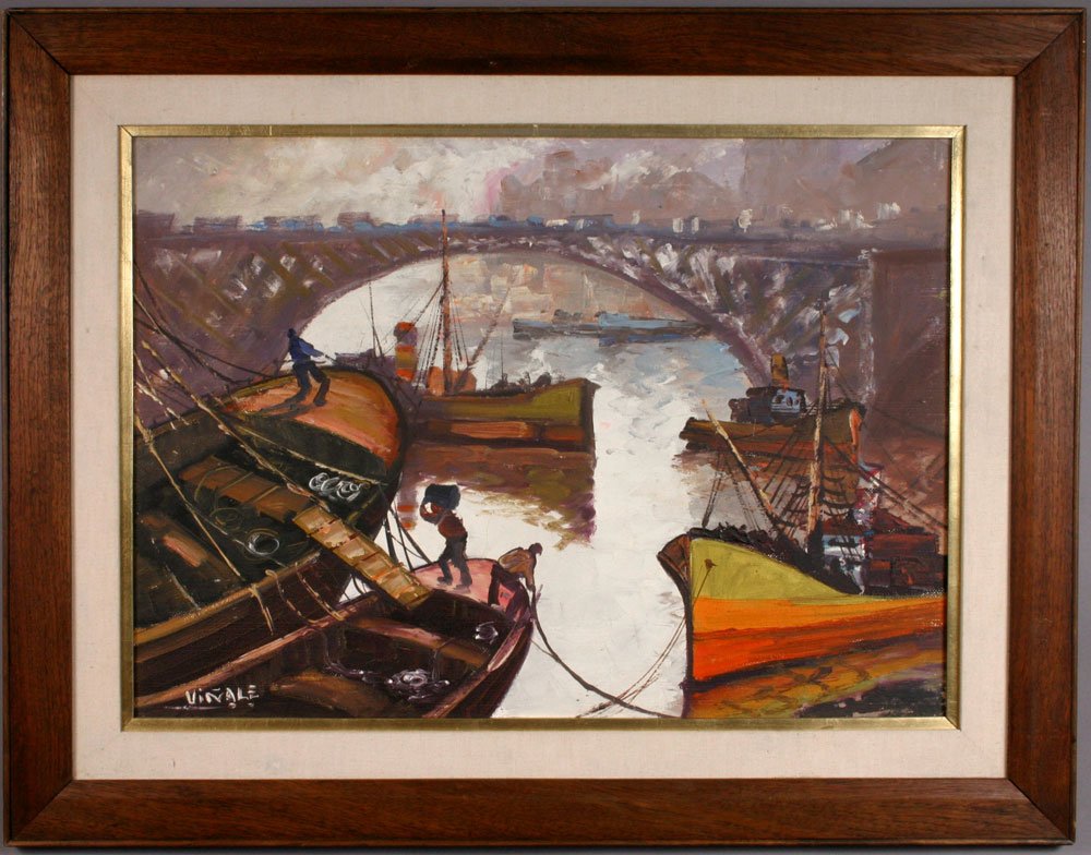 Vinale, Ships Under Bridge, Oil on Board: Vinale (Argentinian, 20th Century), ships under bridge, oil on board, signed lower left, Quinquela-style, framed, 19" h x 27" w (view), 27 1/2" h x 35 1/2" w (frame). Good condition.