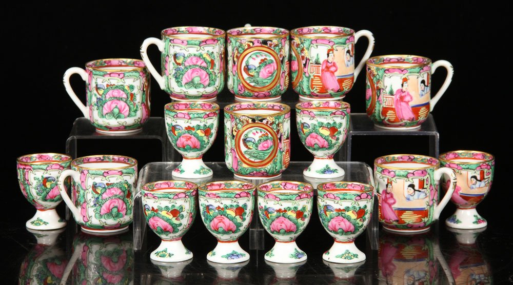 Lot of Chinese Rose Medallion China: Lot of Chinese Rose Medallion, fine bone china, decorated with figures and floral motif, with gilt accents, to include: eight demitasse cups (2 1/4" h x 3" w, including handles) and eight egg cups (2