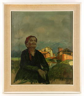 Sollazzi, Woman in Village, Oil on Canvas: Lucio Sollazzi (Italian, 1925 - ), woman in village, oil on canvas, signed lower right, information verso; 28 1/2" h x 23 1/2" w (view), 33" h x 29" w (frame). Provenance: From a Rhode Island estate.