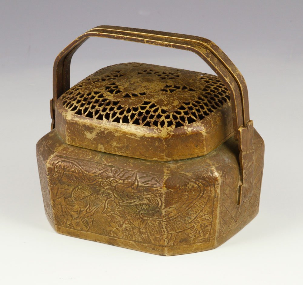 Ming Dynasty Dragon Censer: Ming Dynasty censer, bronze, having a dragon motif, signed on base, 5" h x 5" w. Provenance: from the lifelong collection of a Kansas City, Missouri family.