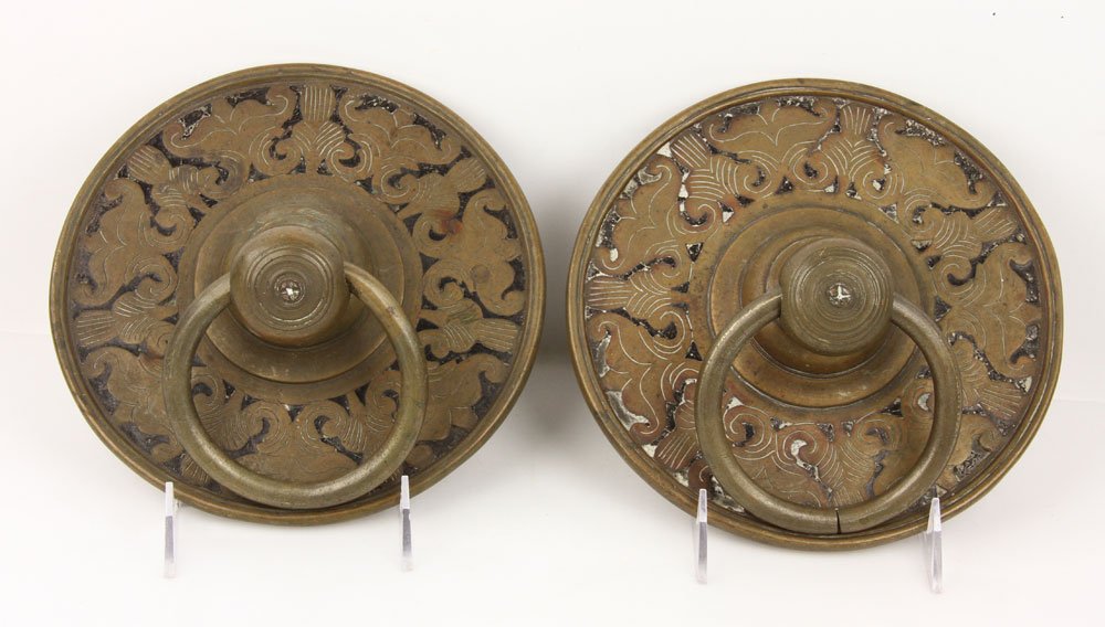 7th-8th C. Persian Door Handles: 7th-8th century Persian palace door handles, bronze with black enamel, 8 1/2" dia. Provenance: from the lifelong collection of a Kansas City, Missouri family.