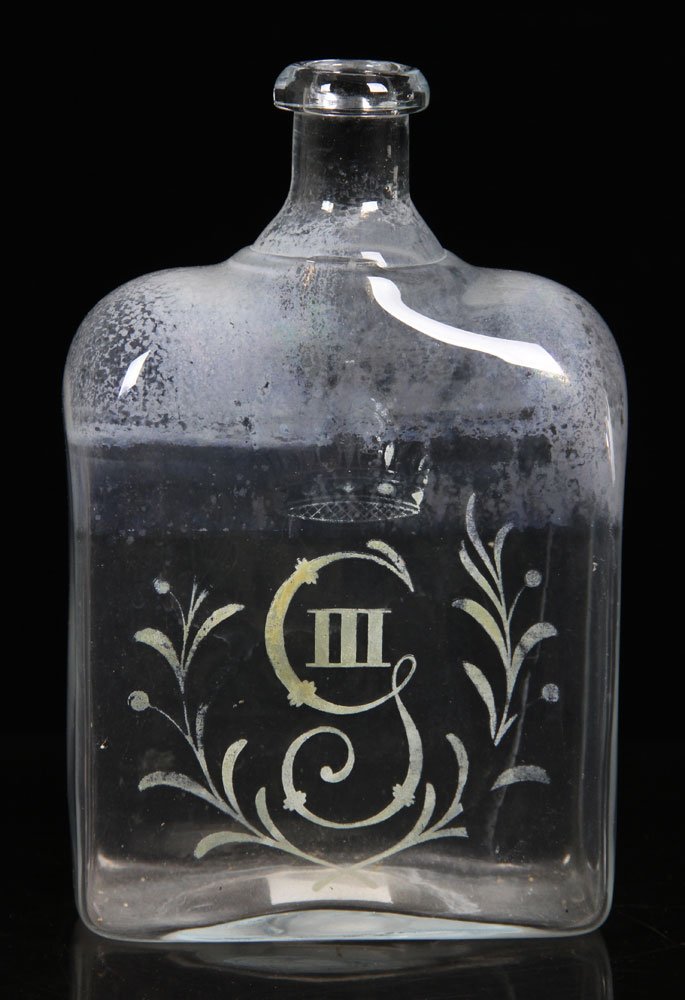 George III Glass Flask: George III flask, etched glass with monogram. Provenance: from the lifelong collection of a Kansas City, Missouri family.