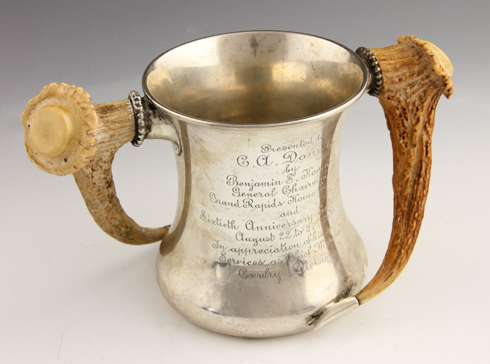Sterling Loving Cup: Loving cup, sterling silver with stag horn handles, inscribed "C. A. Daniels Grand Marshall," 5" h, approximately 16.1 troy oz total weight. Provenance: from the lifelong collection of a Kansas City, 