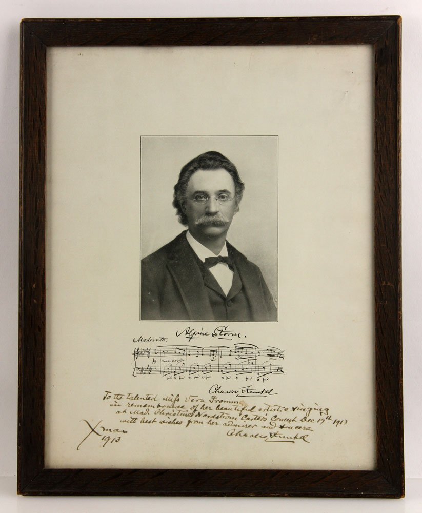 Vintage Charles Kunkel Photograph: Vintage photograph depicting composer Charles Kunkel, with hand-written dedication and bars from his piece "Alpine Storm." Provenance: from the lifelong collection of a Kansas City, Missouri family.