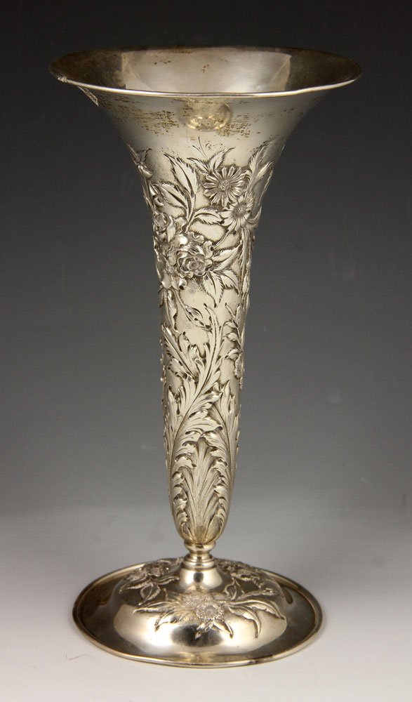 Kirk & Sons Sterling Silver Trumpet Vase: Kirk and Sons trumpet vase, silver, having floral repousse design, 10" h, approximately 11.6 troy oz total weight. Provenance: from the lifelong collection of a Kansas City, Missouri family.