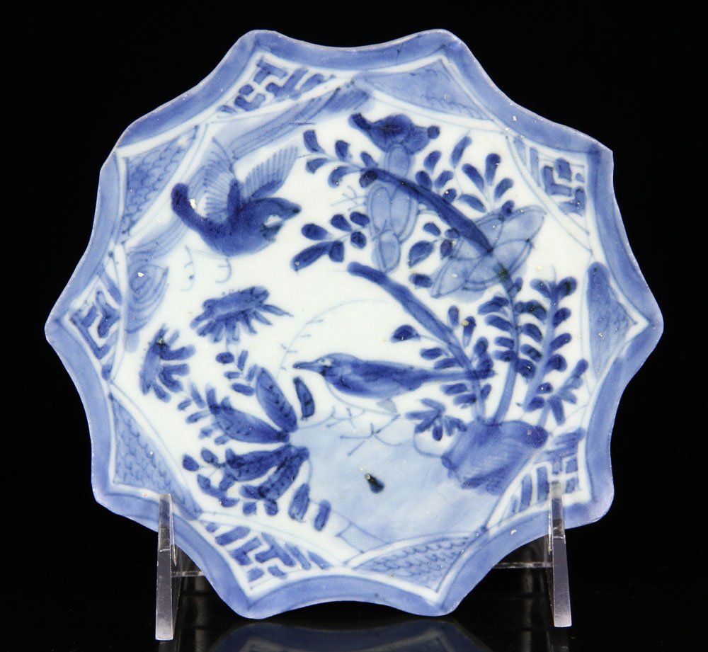 Chinese Blue and White Platter: Chinese Ming Dynasty platter, blue and white glazed porcelain, depicting birds among the trees, having label verso attesting the platter's reclamation from the Wanli shipwreck circa 1620, 6" dia. Prov
