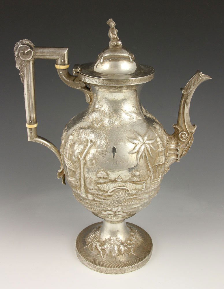 Coin Silver Presentation Coffee Pot: Presentation coffee pot, coin silver, having deep repousse in an Asian motif, presented to the Honorable H. D. Moore, 33rd Congress, made by Robert and William Wilson, circa 1850 Philadelphia, approxi