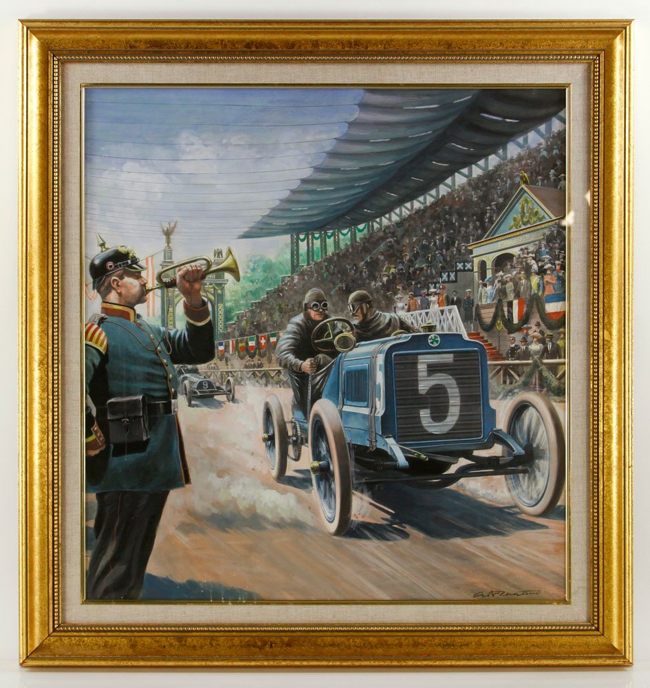 Demand, "Gordon Bennett Cup Victor, 1904," Gouache: Carlo Demand (American, 1921-2000), "Gordon Bennett Cup Victor, 1904," gouache, depicting French racing driver Leon Thery's victory while driving a Richard-Brasier, having gallery label verso, 24" h x
