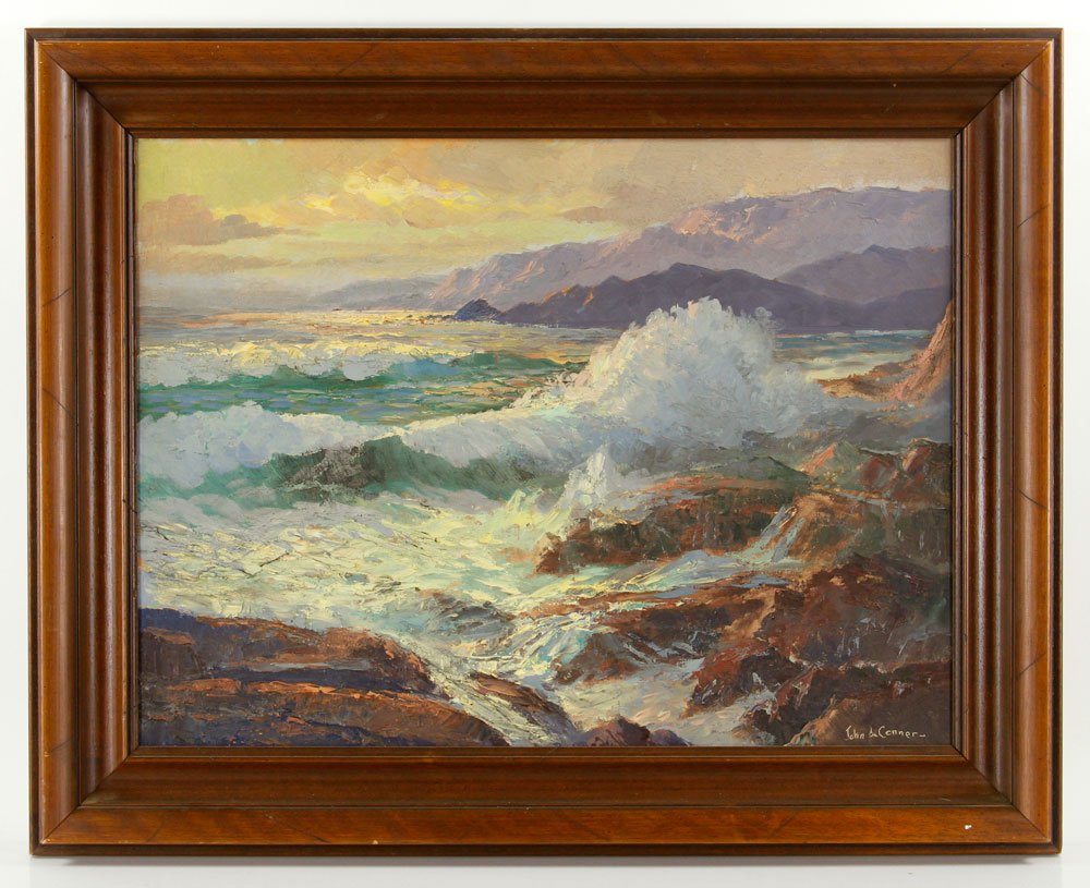 Conner, California Coastline, Oil on Artist Board: John Anthony Conner (American, 1892-1971), California coastline scene, oil on artist board, 18" h x 24" w. Provenance: from the lifelong collection of a Kansas City, Missouri family.