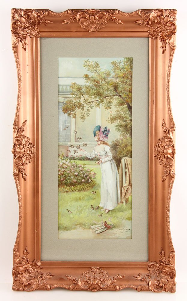 LaBrousse, "Diner du Parrot," Watercolor: Jane LaBrousse (French, 19th century), "Diner du Parrot," watercolor, circa 1918, 19" h x 8" w. Provenance: from the lifelong collection of a Kansas City, Missouri family.