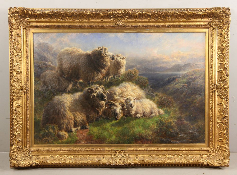 Watson, Highland Sheep, Oil on Canvas: William Watson (British, 1866-1921), sheep in a Highland landscape with cattle in distance, signed and dated 1919, 25" h x 36" w. Provenance: from the lifelong collection of a Kansas City, Missouri fa