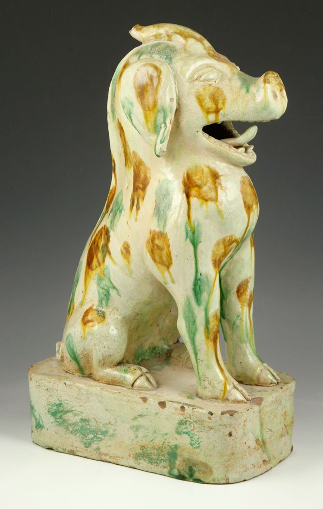 Sancai Glazed Pig Figure: Ming Dynasty pig figure, sancai glazed pottery, 16" h. Provenance: from the lifelong collection of a Kansas City, Missouri family.