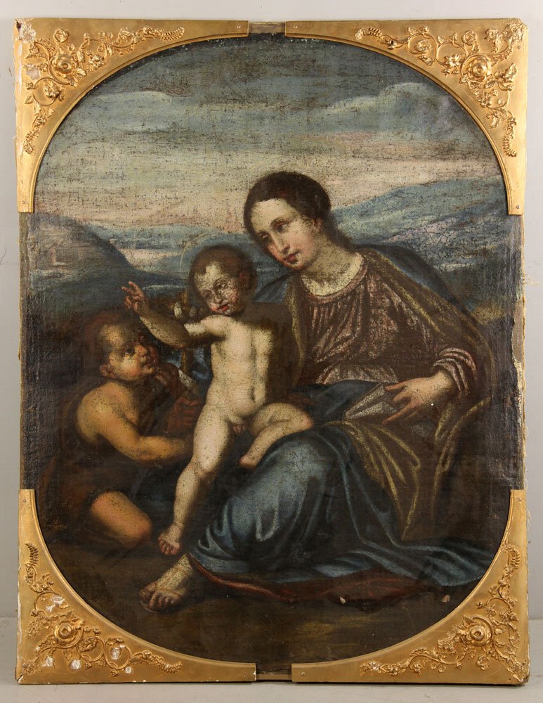 After Raphael, Alba Madonna, Oil on Canvas: After Raphael, the Alba Madonna, oil on canvas, 49" h x 38" w. Provenance: from the lifelong collection of a Kansas City, Missouri family.