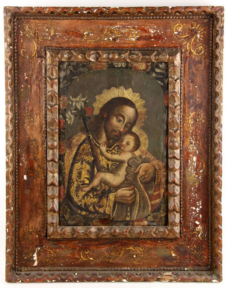 18th C. Peruvian School, St. Joseph and Christ Child: 18th century Peruvian school, Saint Joseph and the Christ Child, oil on canvas, half length, in gold brocade robes, surrounded by a garland of flowers, sold on May 9, 1980 at Sotheby's New York and is