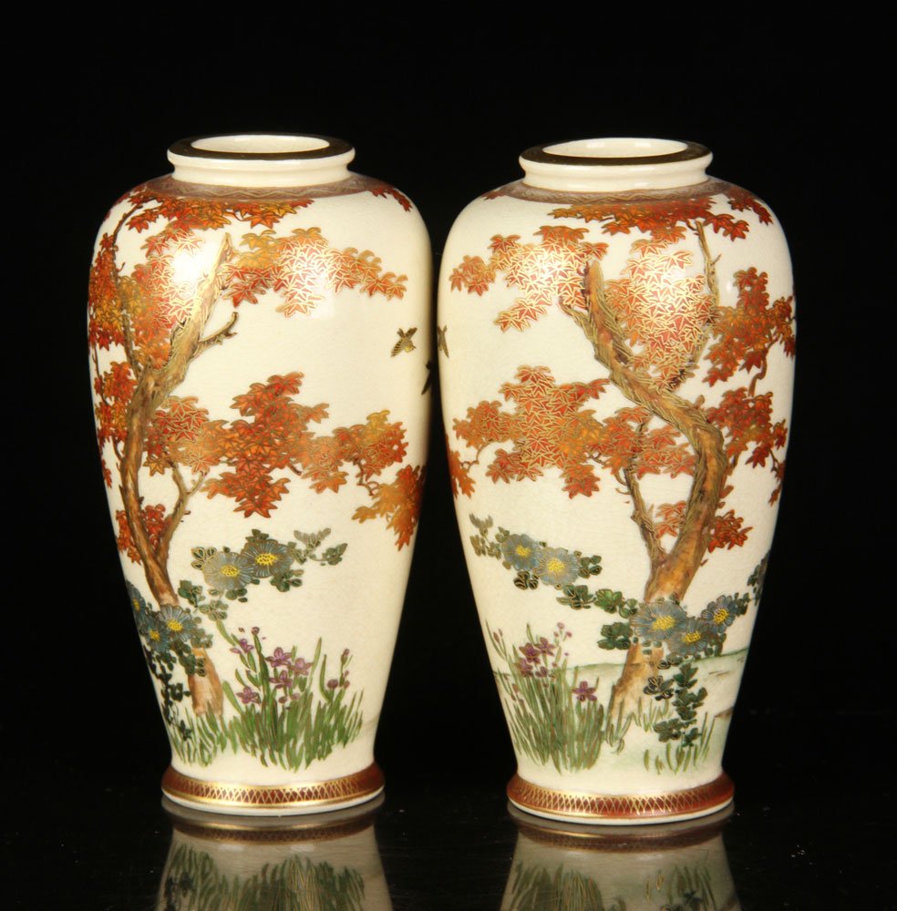 Pr. Japanese Miniature Satsuma Vases: Pair of Japanese miniature vases, satsuma ware, having autumn landscape. Provenance: from the lifelong collection of a Kansas City, Missouri family.