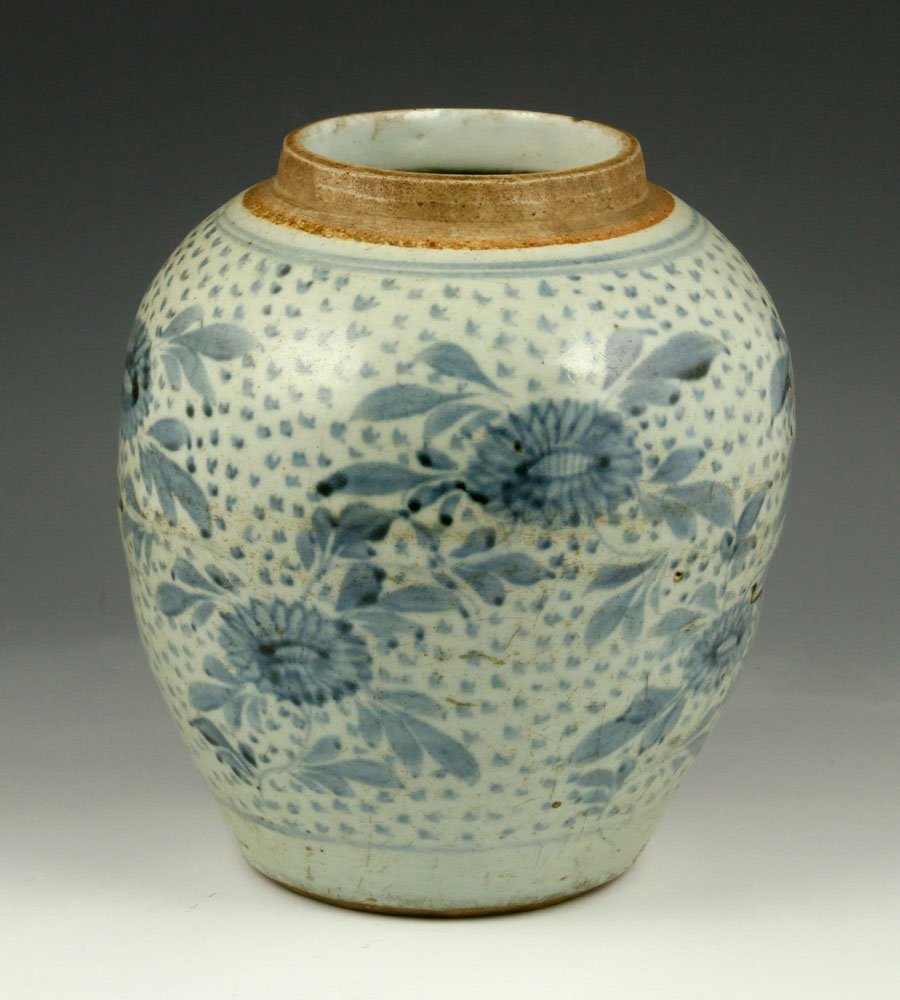 Chinese Peony Jar: Chinese Ming Dynasty peony jar, pottery, decorated with light blue glaze, 9 1/2" h. Provenance: from the lifelong collection of a Kansas City, Missouri family.