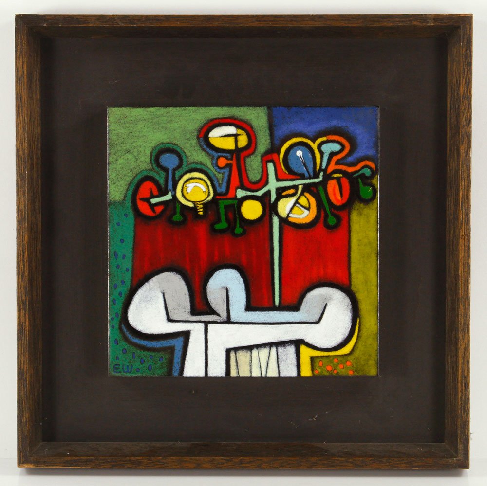 Woolley Abstract Plaque: Ellamarie Woolley abstract plaque, enamel, framed, 14 3/4" sq. Provenance: from the lifelong collection of a Kansas City, Missouri family.