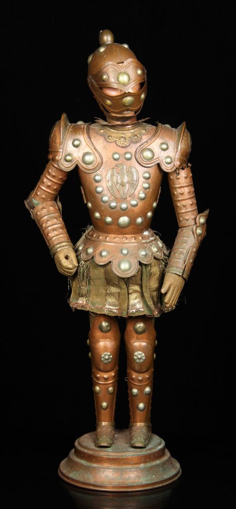 Folk Art Knight in Armor: 19th-20th century Folk Art knight in suit of armor, bronze, copper and fabric, 25" h. Provenance: from the lifelong collection of a Kansas City, Missouri family.