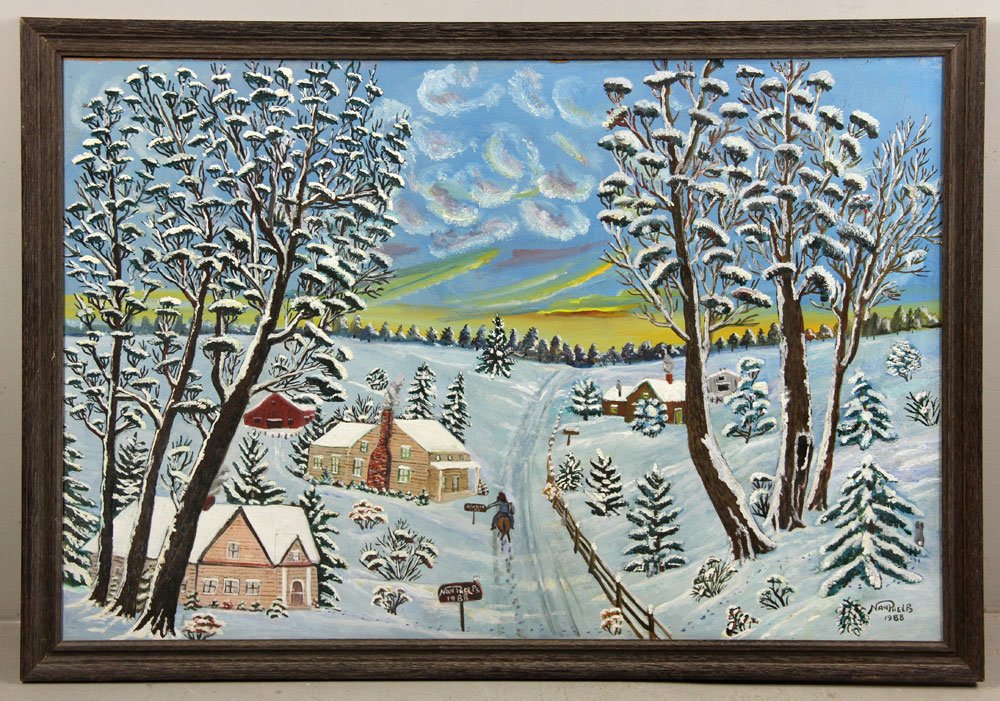 Phelps, "The Snow That Didn't Wait," Oil on Board: Nan Dee Phelps (American, 1904-1990), "The Snow That Didn't Wait," oil on board, signed and dated 1988 lower right, 24" h x 34 1/2" w (view). Provenance: from the lifelong collection of a Kansas City,