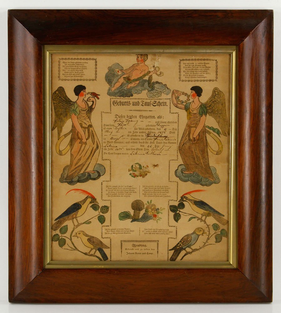 1818 Pennsylvania Fraktur: 1818 Pennsylvania fraktur, having painted angels and birds, framed in 1840 Brazilian rosewood frame, 20 3/4" h x 18 1/2" w (frame). Provenance: from the lifelong collection of a Kansas City, Missouri 
