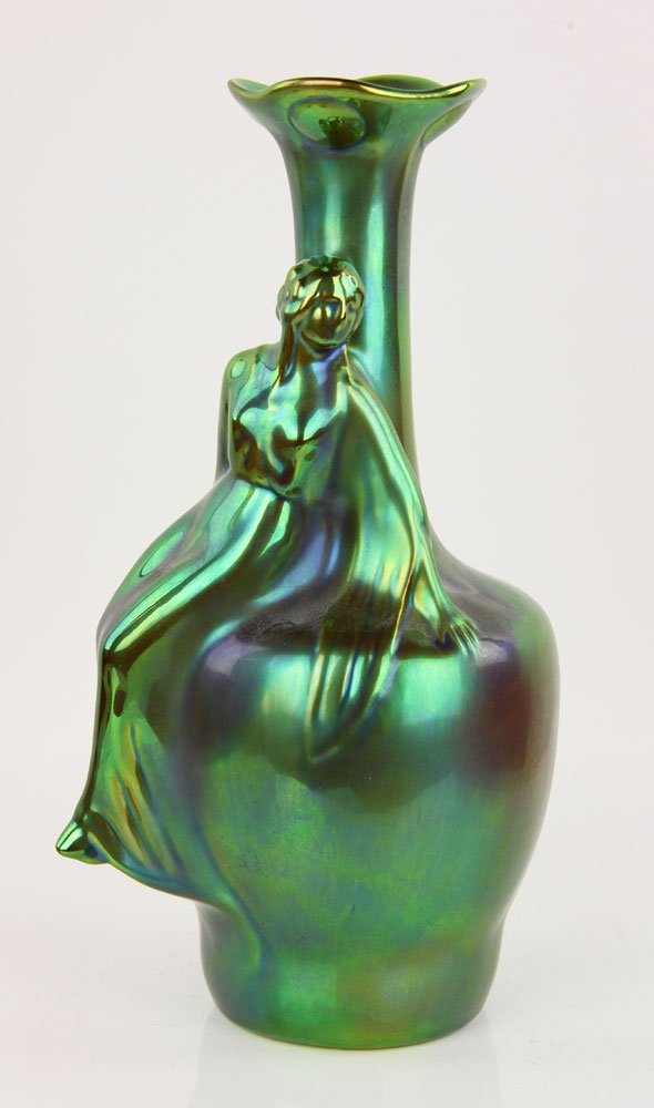 Zsolnay Glazed Figural Vase: Zsolnay figural vase, porcelain with green eosin glaze, gilded, having factory mark, 9 1/4" h. Provenance: from the lifelong collection of a Kansas City, Missouri family.
