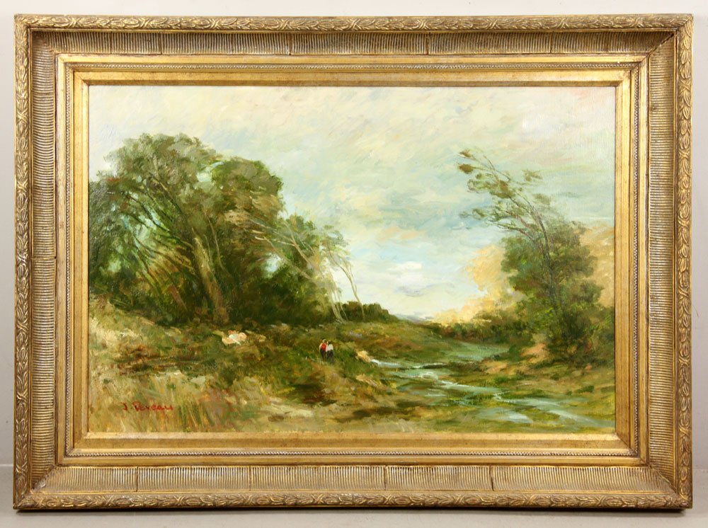 Deveau, Impressionist Scene, Oil on Canvas: Jacques Deveau (French, b. 1937), impressionist scene of a couple walking next to river with trees swaying in wind, oil on canvas, singed lower right, 24" h x 36" w. Provenance: from the lifelong coll