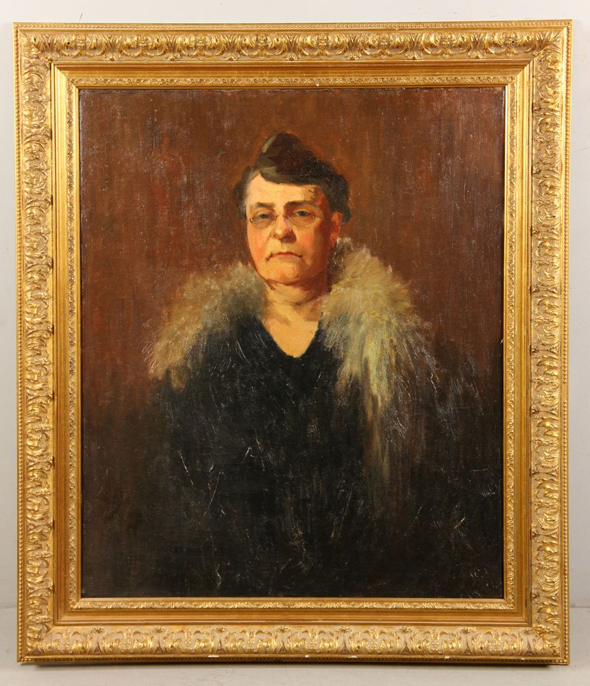 Lavallee, Woman in Black, Oil on Canvas: Alice Hulich Preston Lavallee (American, 1896-1929), woman in black with fur stole, oil on canvas, signed verso, 30" h x 25" w. Provenance: from the lifelong collection of a Kansas City, Missouri fami
