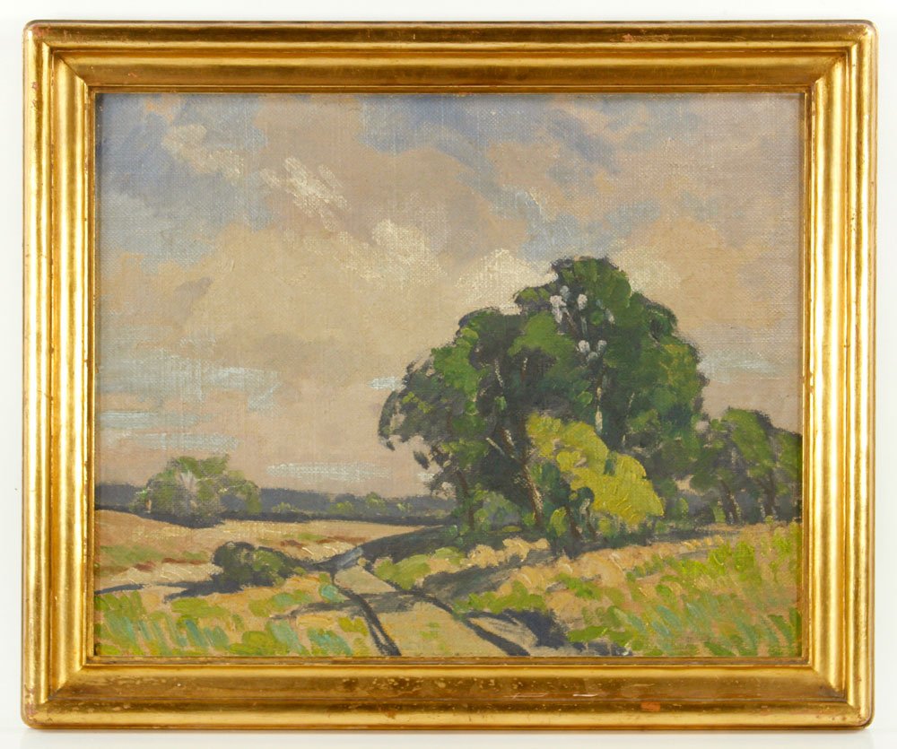 Attr. Bischoff, Landscape, Oil on Board: Attributed to Franz A. Bischoff, California landscape, oil on board, inscribed "8/2/08 Paula and Raymond Study in Painting Franz" verso in handwriting consistent with that of Bischoff, 16" h x 19 1/2"