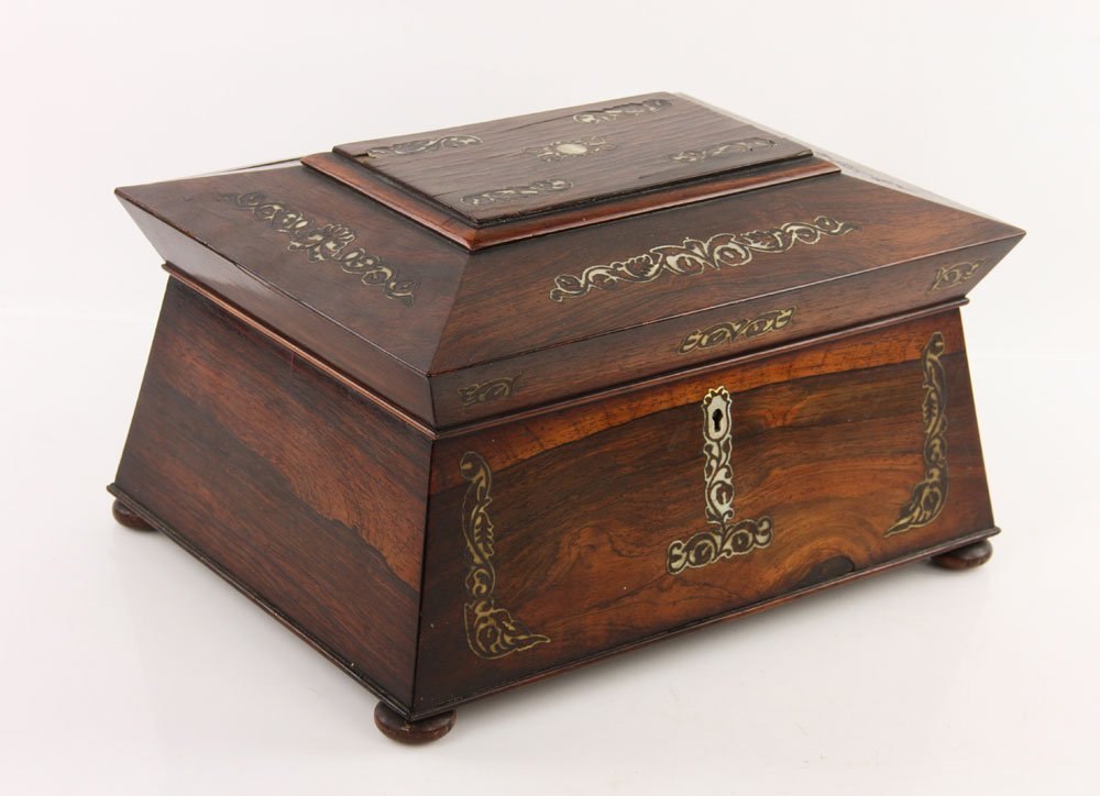 Scottish Rosewood Sewing Box: Scottish sewing box, Brazilian rosewood with mother of pearl inlay, having original red silk interior and carved bone spools, mother of pearl handles scissors, having the remnants of a marriage certif
