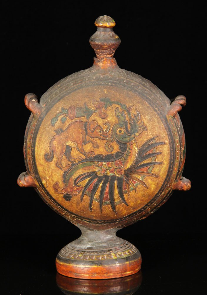 Sgraffito Earthenware Flask: 17th century sgraffito flask, polychrome earthenware, depicting dragon, dog and bird, signed, 13" h. Provenance: from the lifelong collection of a Kansas City, Missouri family.