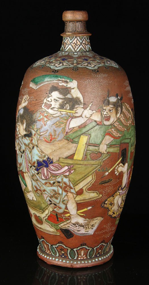 Yixing Clay Vase: Late 19th century vase, Yixing clay with enamel, depicting whimsical and mischievous school children, 15 3/4" h. Provenance: from the lifelong collection of a Kansas City, Missouri family.