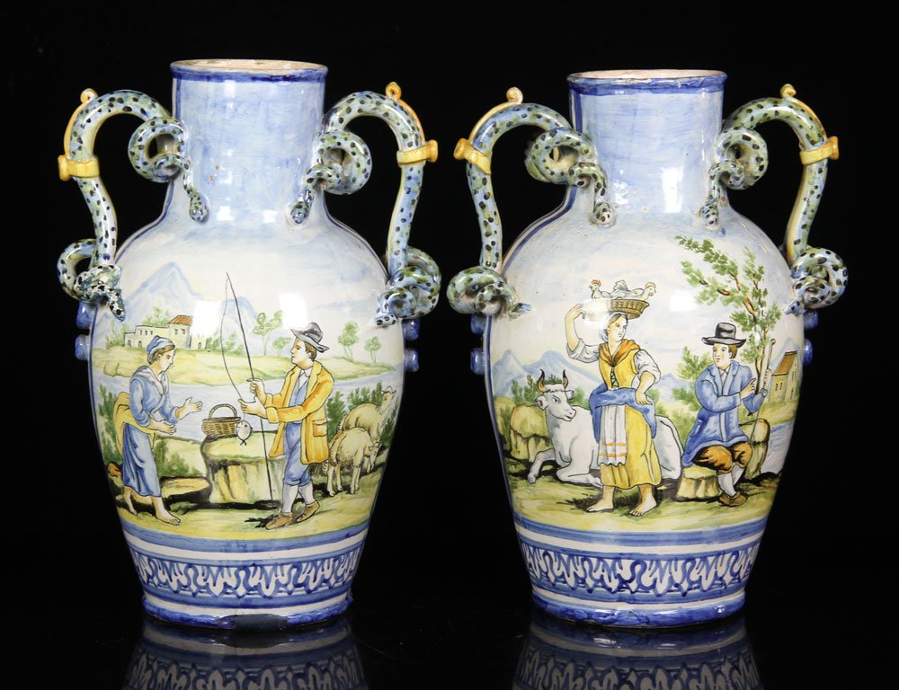 Pr. Italian Faience Vases: Pair of 18th century Italian vases, faience earthenware, depicting country scenes with snake form handles, inscribed F. L. V. 1736, 16 3/4" h. Provenance: from the lifelong collection of a Kansas City