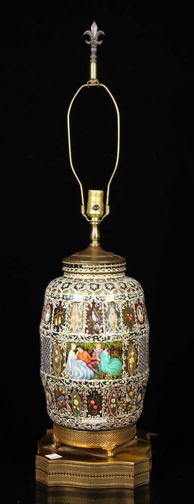 Painted Glass Lamp: Art lamp, painted glass, by Ruth Wolf Smith and Paul Smith, having 56 intricately painted panels depicting flowers, birds, animals, and courting scene, signed in cartouche and dated 1972, 23" h (base 