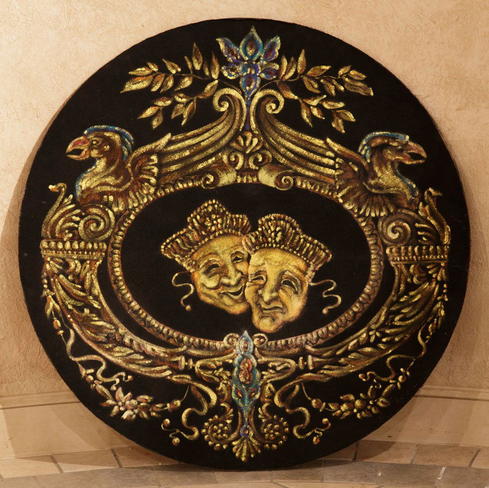 Masks of Comedy and Tragedy: Masks of Comedy and Tragedy, painting on felt mounted on wood mask of Marco's face, with hardware on back for hanging, 41" dia. Provenance: From White Horse Productions, Inc. For condition report and