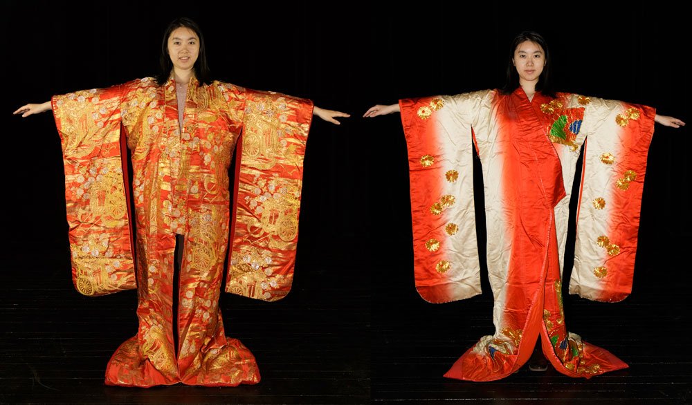 Two Vintage Japanese Wedding Kimonos: Lot of two vintage Japanese wedding kimonos, dazzling heavy embroidery in silk and gold metallic threads, embroidered design on front and back, lined in red silk with padded hems, worn onstage by ense