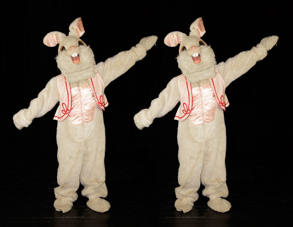 Pr. Bunny Costumes: Pair of Bunny costumes, one piece construction with head. Vests worn in "Dizzy Limit" illusion in Larcom show. Provenance: From White Horse Productions, Inc. For condition report and additional inform