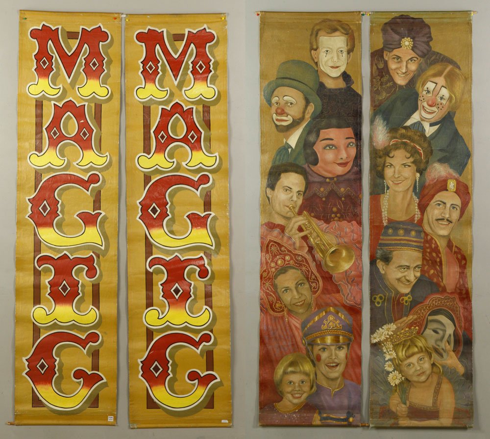 Heath, Two Showcase Banners, Acrylic on Canvas: Rick Heath, two showcase banners, acrylic on canvas, used on show days at Larcom Theatre, painted on both sides, one side says magic in bold letters, the other side depicting principal cast members of