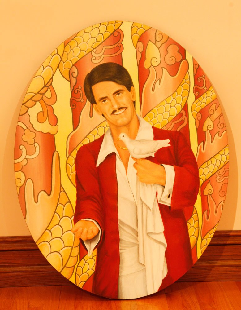 Heath, Portrait of Le Grand David, Acrylic on Canvas: Rick Heath, portrait of Le Grand David holding a dove, acrylic on canvas, 41" h x 31" w (unframed). Provenance: From White Horse Productions, Inc. For condition report and additional information, plea