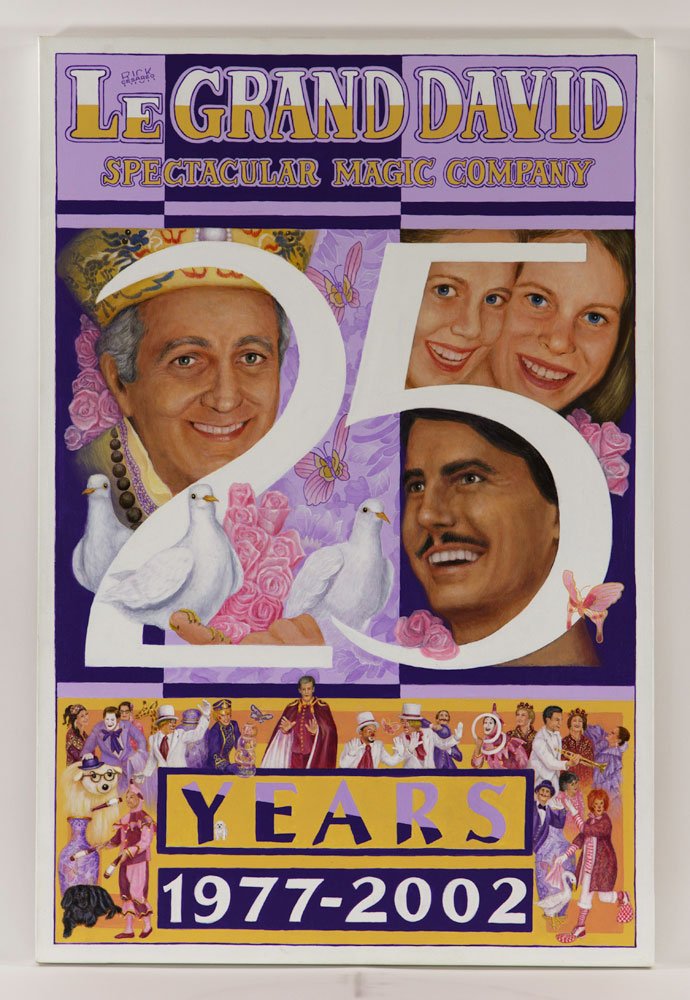 Heath, "25 Years" Poster, Acrylic on Canvas: Rick Heath, "25 Years" 1977-2002 poster, portraits of Marco, David, Martha and Marian emerging from behind the large number 25 in upper section, Le Grand David Company cast depicted in bottom section,