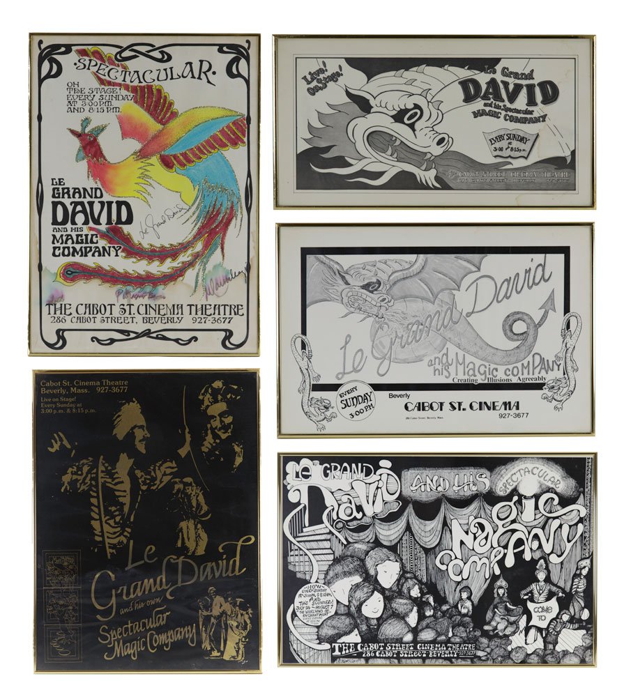 Complete Framed Set of Le Grand David Posters: Complete framed set of Le Grand David paper posters, 34 total, spanning the history of Le Grand David, many now unavailable, largest 35 1/2" h x 27" w. Some water damage on lower third of most. Proven