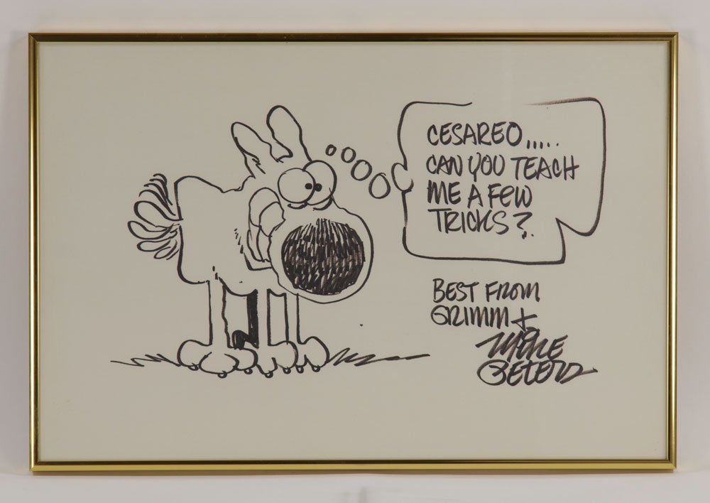 Peters, Mother Goose and Grimm Cartoon: Mike Peters, Mother Goose and Grimm cartoon, created for Marco during a 1980s appearance by the artist and the Le Grand David company at the Easter Egg Roll on South Lawn of The White House, 12" x 18"