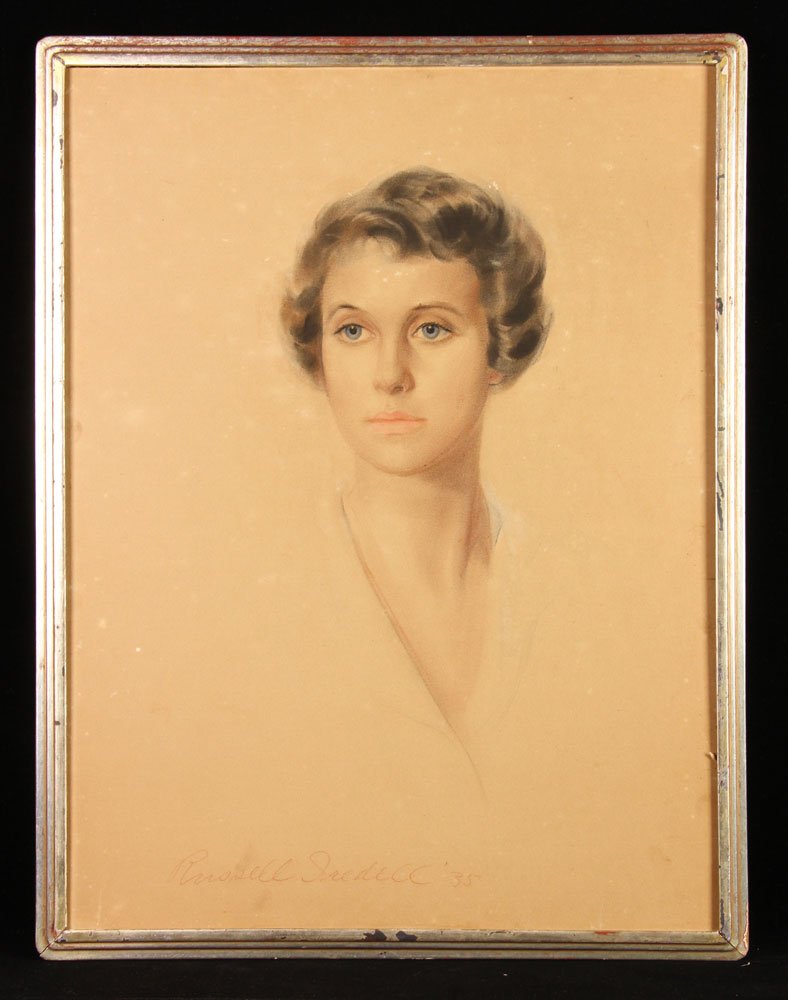 Portrait of Jane Tremaine, Watercolor: Portrait of Jane Tremaine, watercolor on paper, signed in red pencil "Russell Gridell" and dated '35 lower left, 24 1/2" h x 18 1/2" w (view), 26 1/2" h x 20" w (frame). Provenance: From the estate of