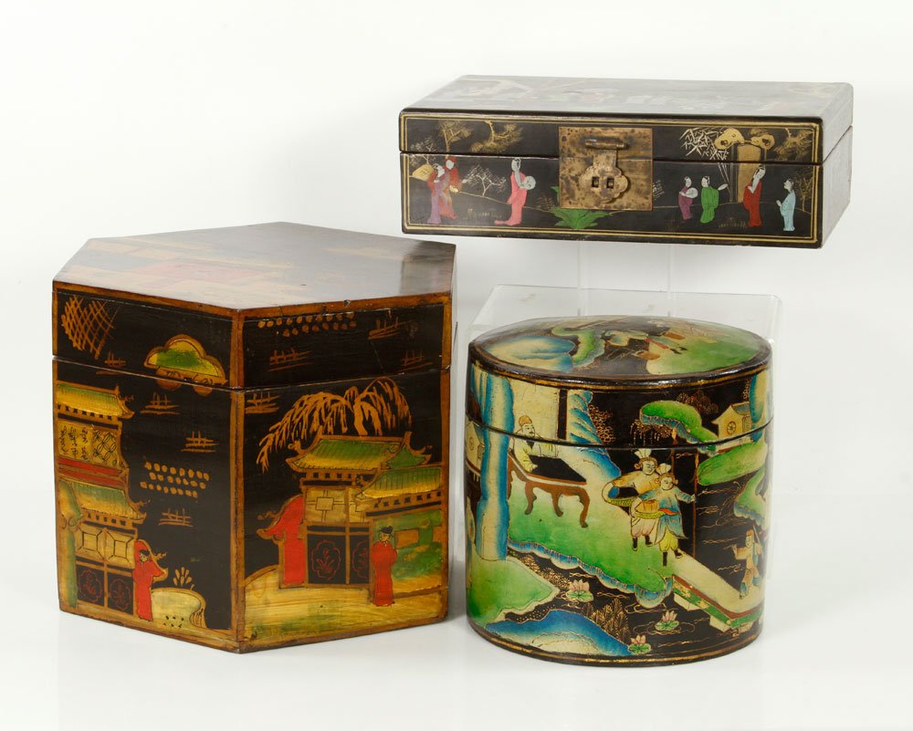 3 Asian Decorative Boxes: Lot of three Asian decorative boxes, to include one wood, one lacquer, and one papier-mache, largest 10 1/4" h x 13 1/2" w. Provenance: From a Massachusetts estate.