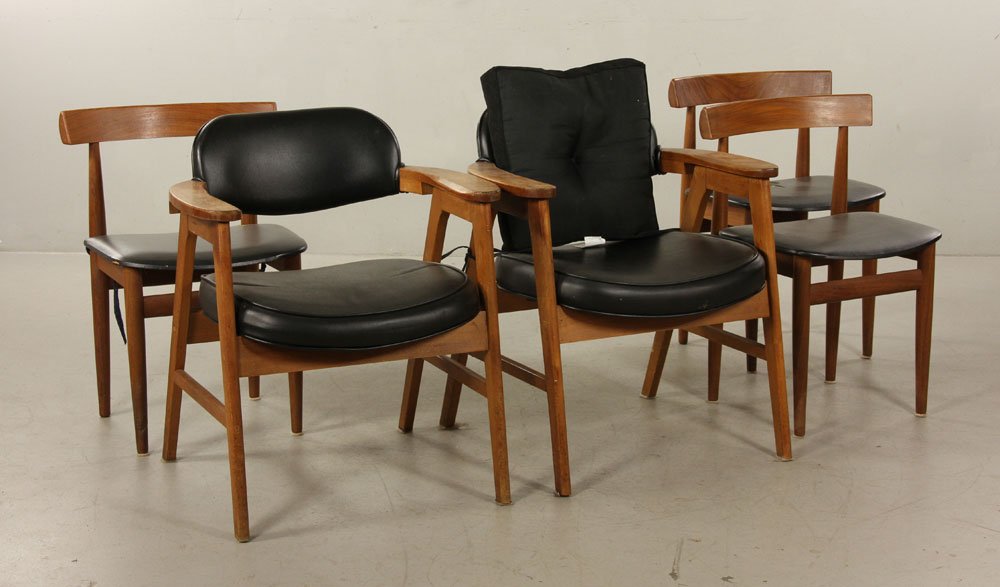 5 Mid Century Modern Danish Chairs: Lot of five mid century Modern Danish chairs, to include three side chairs and two armchairs, marked Frem Rojle, side chairs 28" h x 17 3/4" w x 14 1/2" d, armchairs 29" h x 25 1/2" w x 23" d. Provena