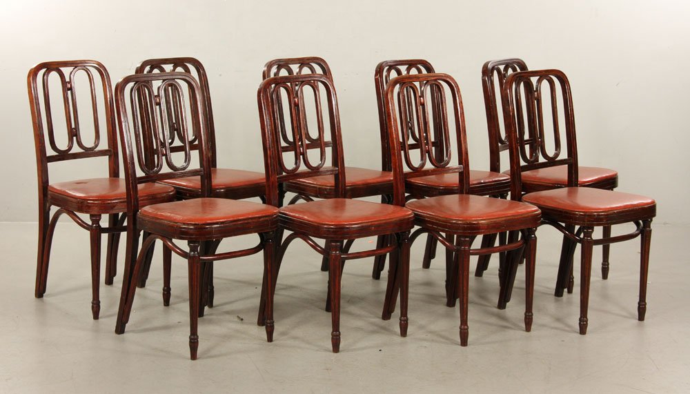 9 Thonet Signed Chairs: Lot of nine chairs, signed Thonet, Joseph Hoffmann design, back 35 1/2" h, seat 18 1/2" h. Provenance: From a Rhode Island estate.