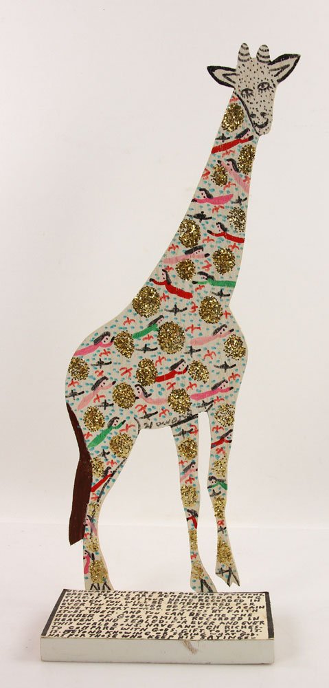 Finster, Painted Wood Cut Out: Howard Finster (American, 1916-2001), painted wood cut-out of a giraffe, signed on front and back and dated 1993, 18" h x 7" w x 3 1/2" d. Provenance: From a Massachusetts estate.