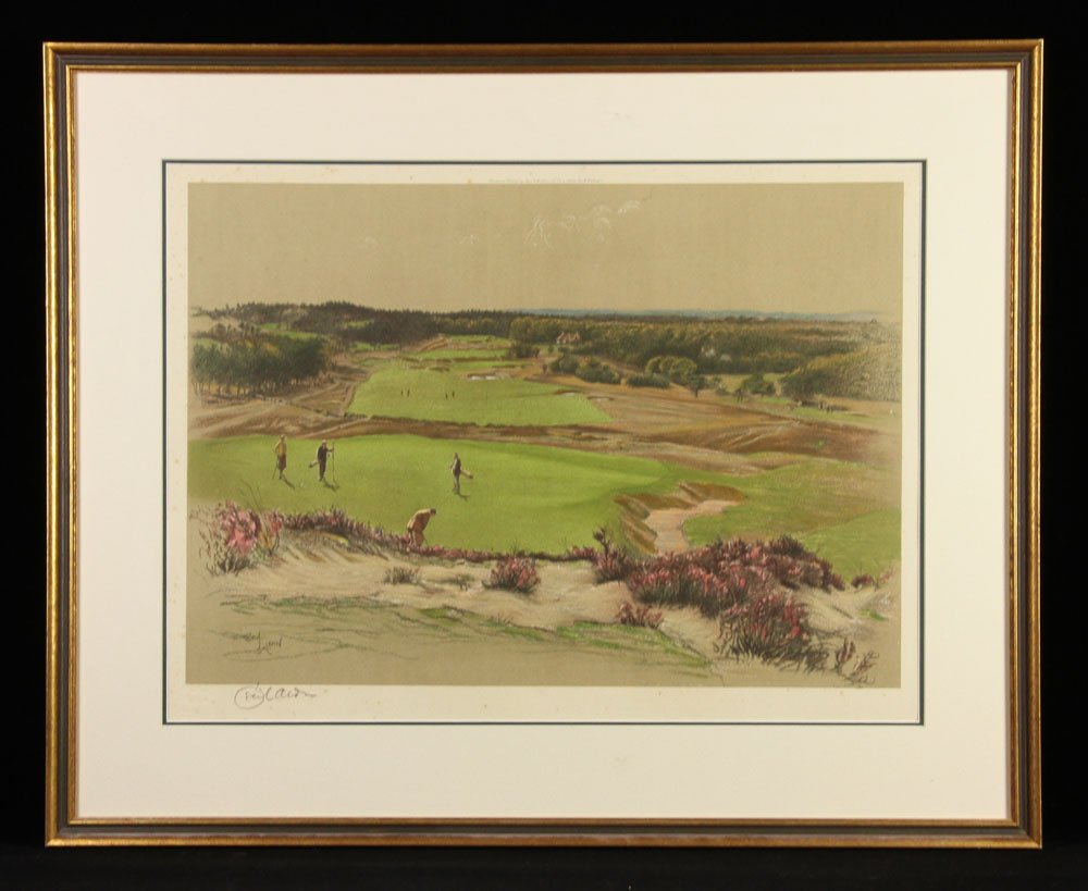 Aldin, "Sunningdale 4th Hole," Lithograph: Cecil Aldin (British, 1870-1935), "Sunningdale 4th Hole," lithograph, signed lower left next to blind stamp for Fine Art Trade Guild, 14" h x 20" w (image), 22 1/4" h x 27 1/2" w (frame). Provenance: 