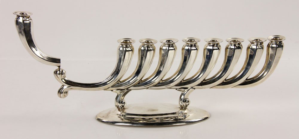 Contemporary Sterling Menorah: Contemporary sterling menorah, 6 7/8" h x 16 3/8" w, approximately 16.3 troy oz TW. Provenance: From a New York collection.